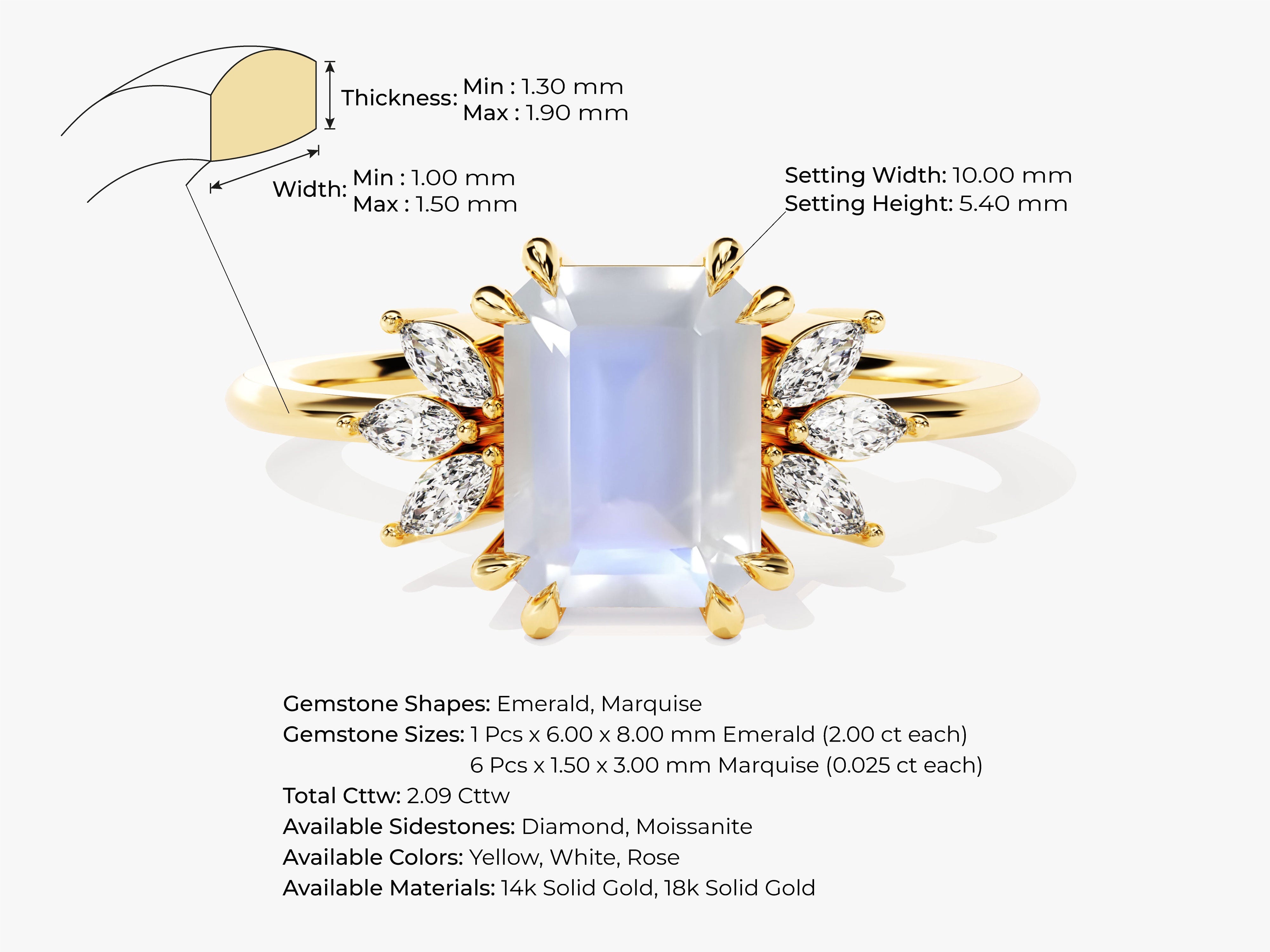 Emerald Cut Moonstone Engagement Ring with Marquise Moissanite Sidestones