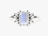 Emerald Cut Moonstone Engagement Ring with Marquise Moissanite Sidestones