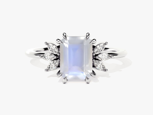 Emerald Cut Moonstone Engagement Ring with Marquise Moissanite Sidestones