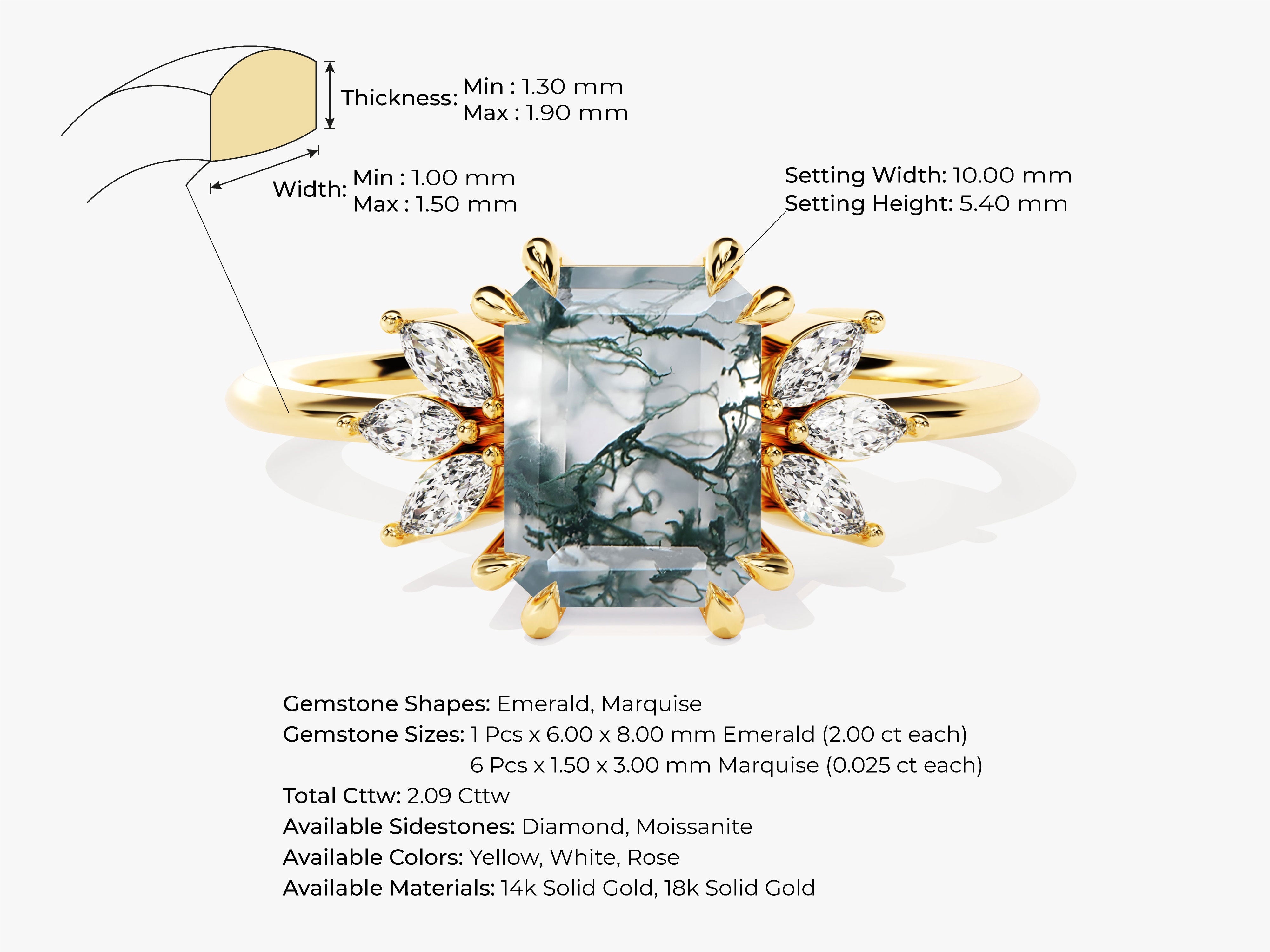 Emerald Cut Moss Agate Engagement Ring with Marquise Moissanite Sidestones