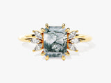 Emerald Cut Moss Agate Engagement Ring with Marquise Moissanite Sidestones