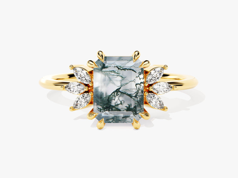 Emerald Cut Moss Agate Engagement Ring with Marquise Moissanite Sidestones