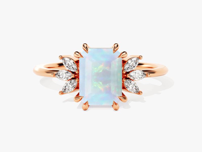 Emerald Cut Opal Engagement Ring with Marquise Moissanite Sidestones