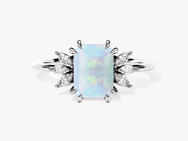 Emerald Cut Opal Engagement Ring with Marquise Moissanite Sidestones