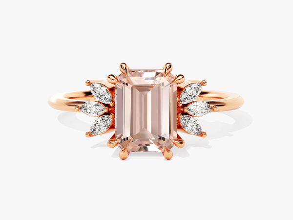 Emerald Cut Peach Morganite Engagement Ring with Marquise Sidestones