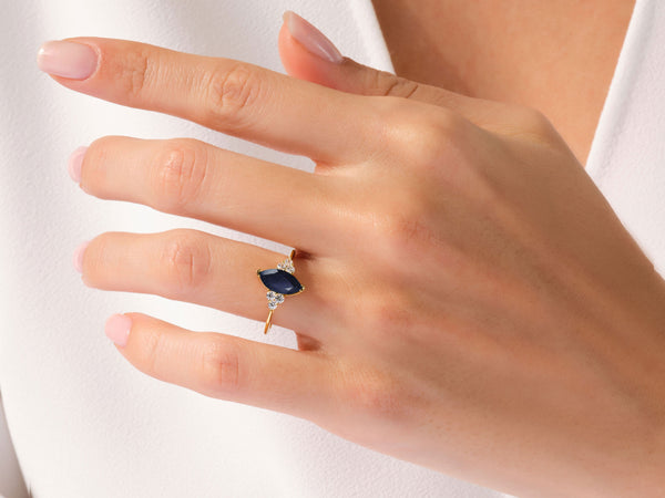 Marquise Blue Sandstone Engagement Ring with Moissanite Sidestones