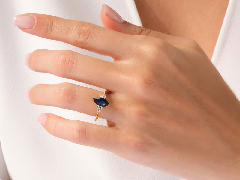 Marquise Blue Sandstone Engagement Ring with Moissanite Sidestones