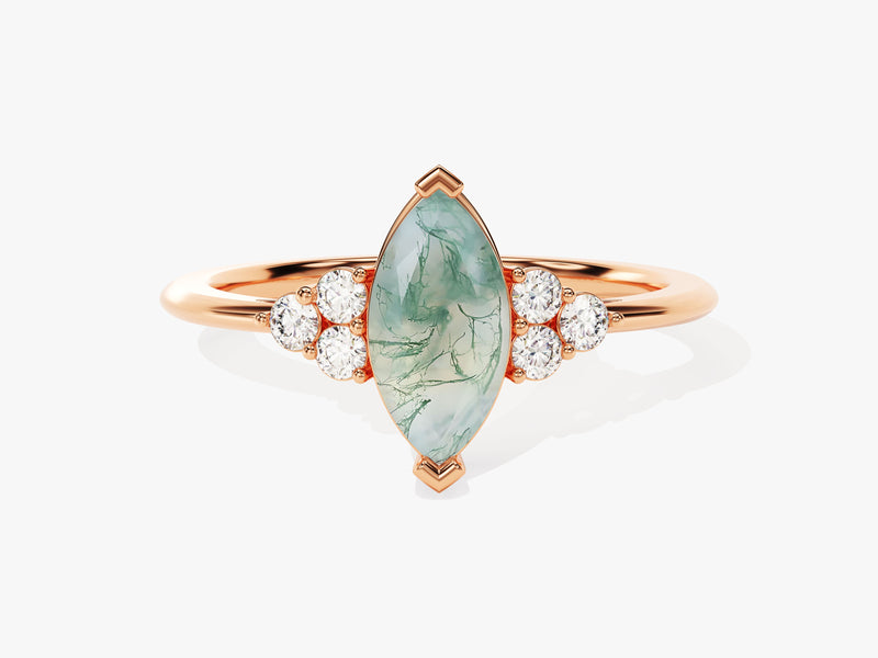 Marquise Moss Agate Engagement Ring with Moissanite Sidestones
