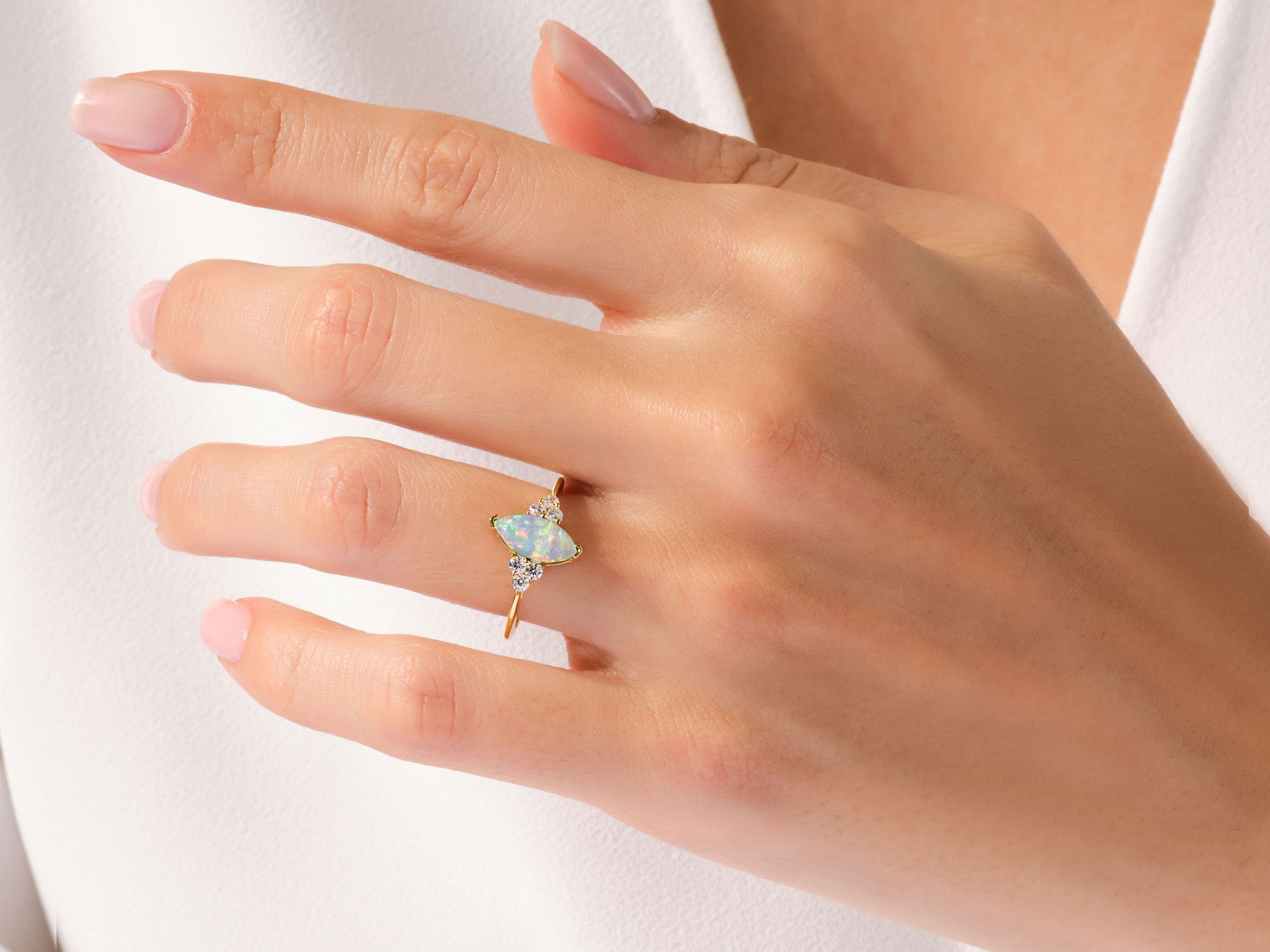 Marquise Opal Engagement Ring with Moissanite Sidestones