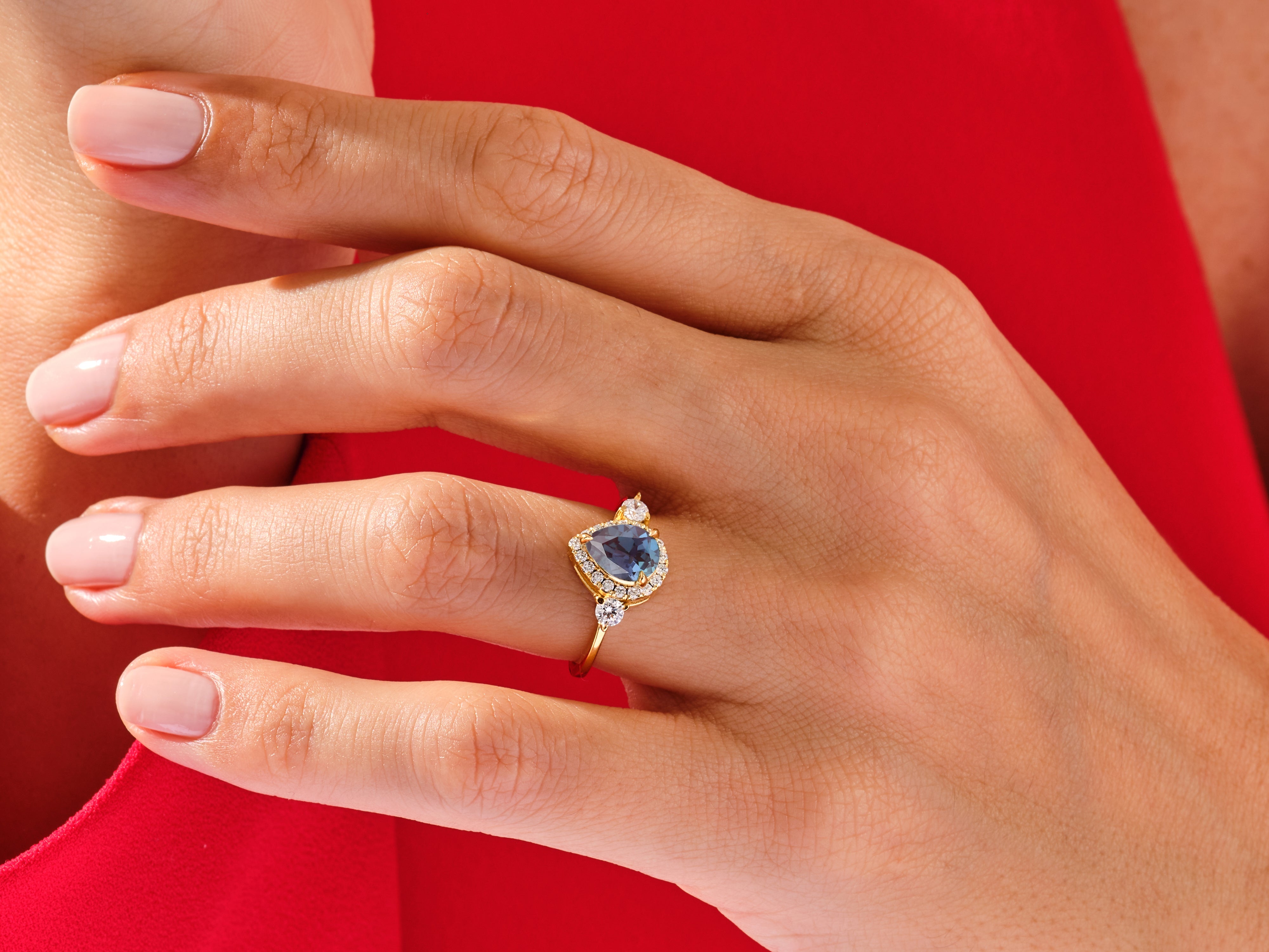 Pear Halo Lab Alexandrite Engagement Ring with Moissanite Sidestones