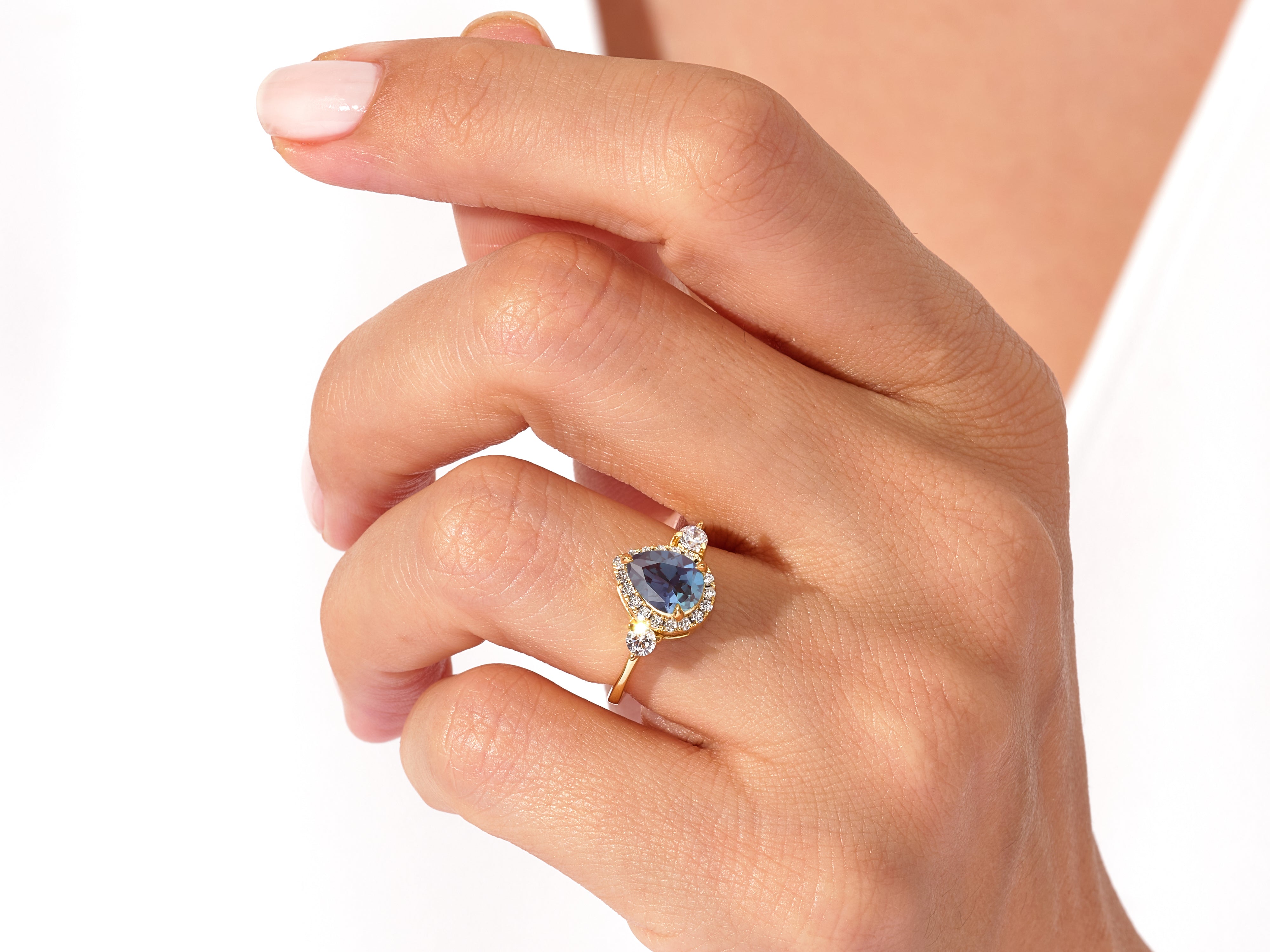 Pear Halo Lab Alexandrite Engagement Ring with Moissanite Sidestones