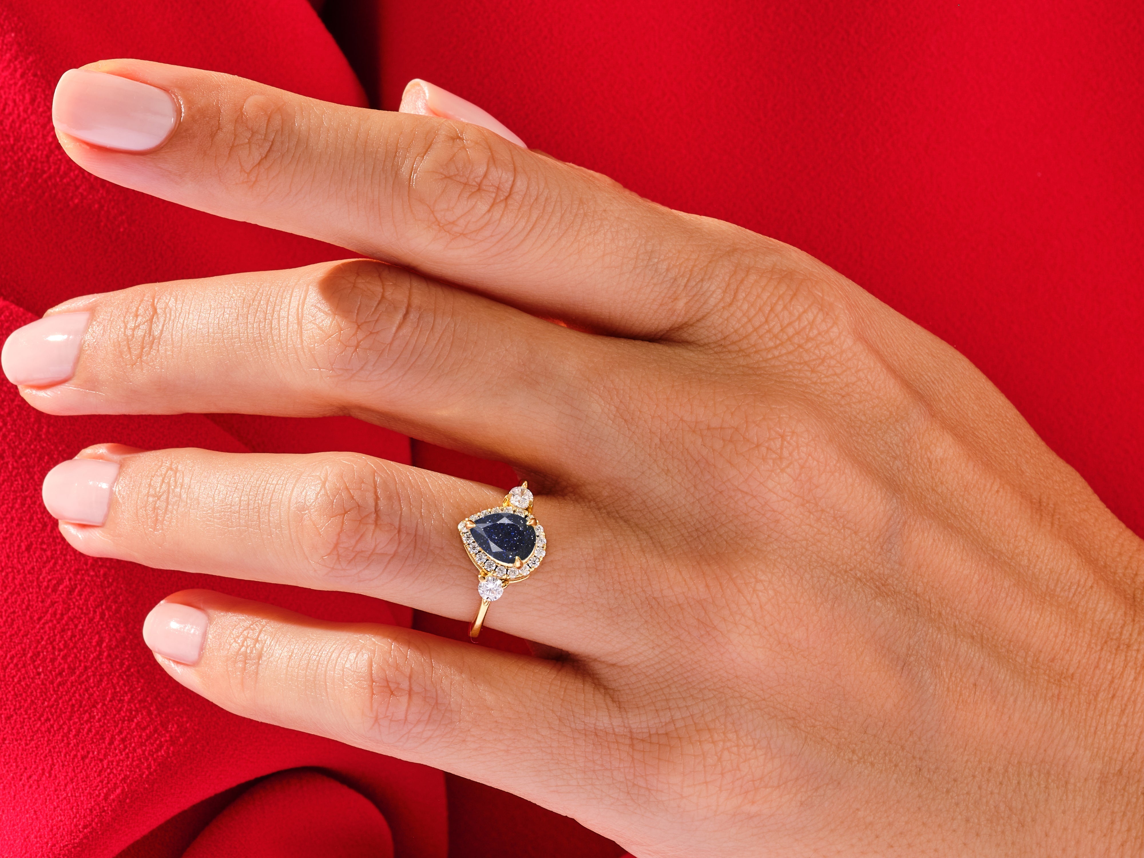 Pear Halo Blue Sandstone Engagement Ring with Moissanite Sidestones