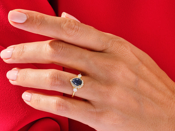 Pear Halo Blue Sandstone Engagement Ring with Moissanite Sidestones
