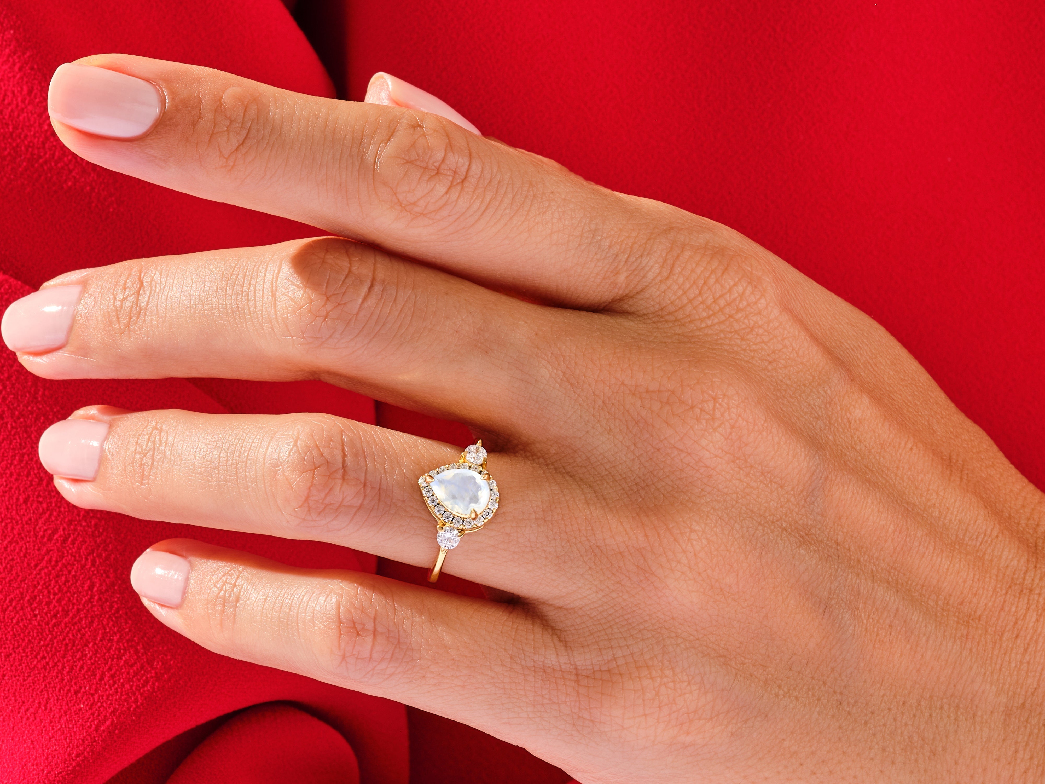 Pear Halo Moonstone Engagement Ring with Moissanite Sidestones