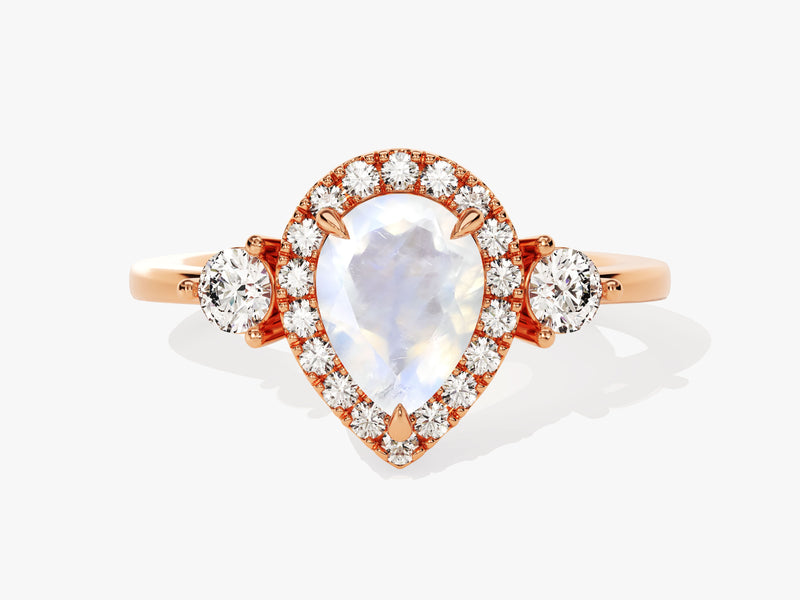 Pear Halo Moonstone Engagement Ring with Moissanite Sidestones