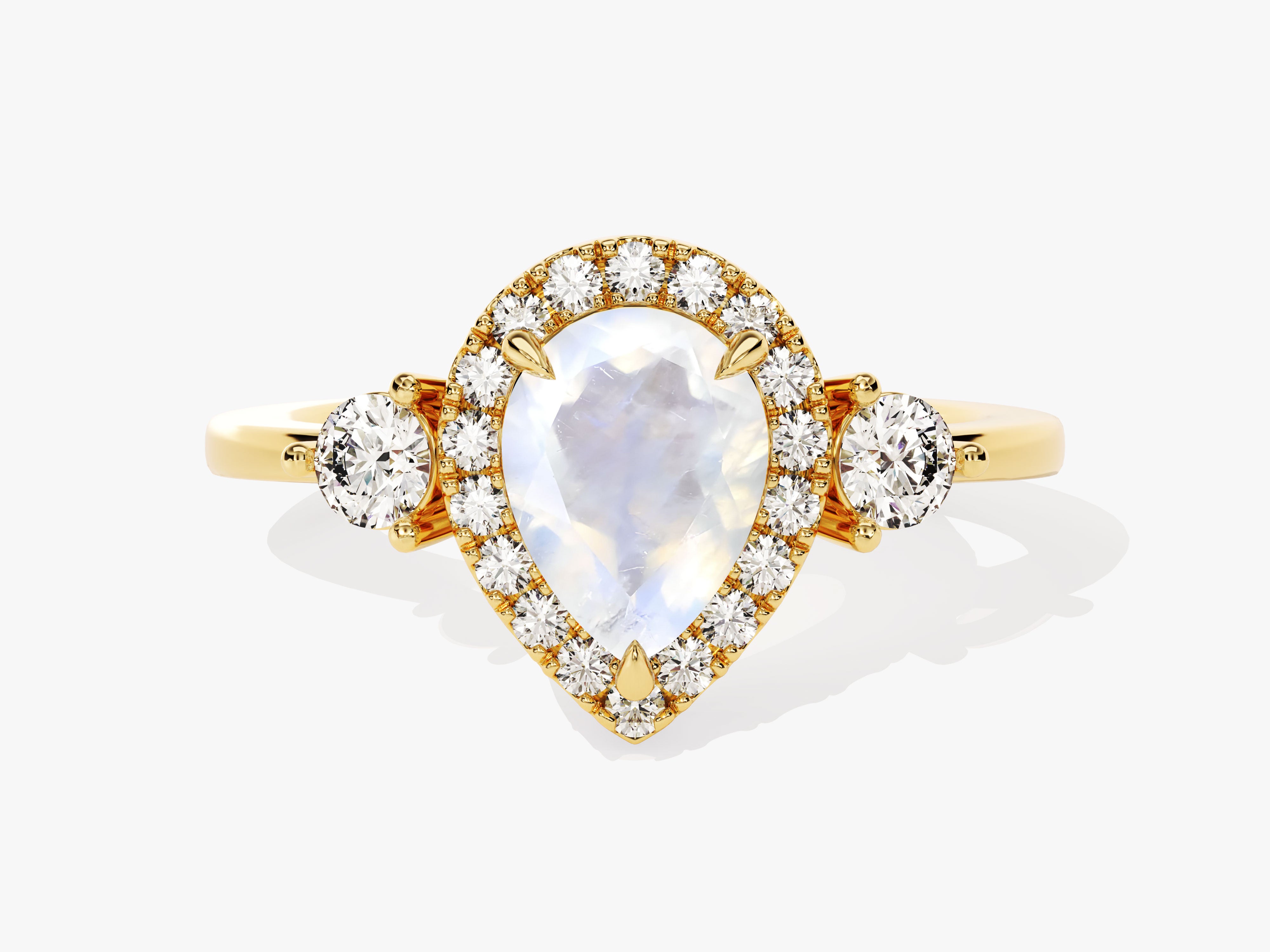 Gold pear-cut moonstone halo ring with diamonds