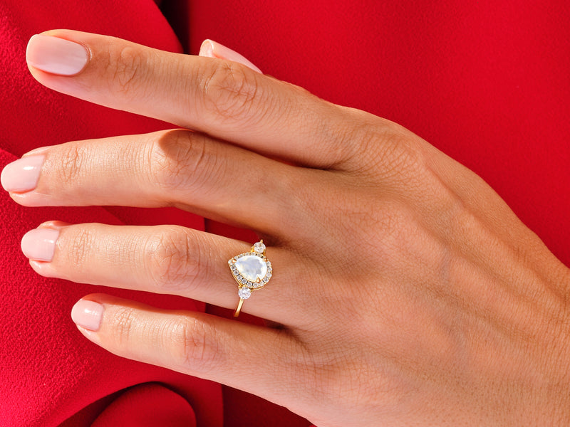 Pear Halo Moonstone Engagement Ring with Moissanite Sidestones