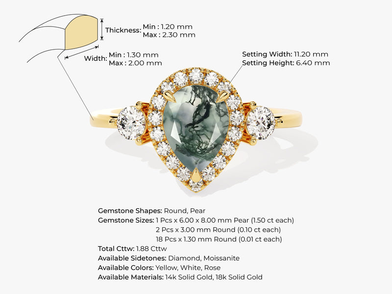 Pear Halo Moss Agate Engagement Ring with Moissanite Sidestones