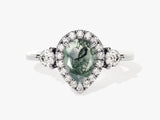 Pear Halo Moss Agate Engagement Ring with Moissanite Sidestones