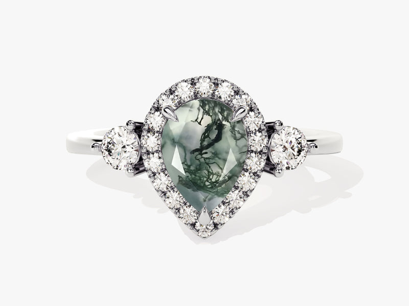Pear Halo Moss Agate Engagement Ring with Moissanite Sidestones