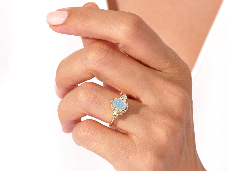 Pear Halo Opal Engagement Ring with Moissanite Sidestones