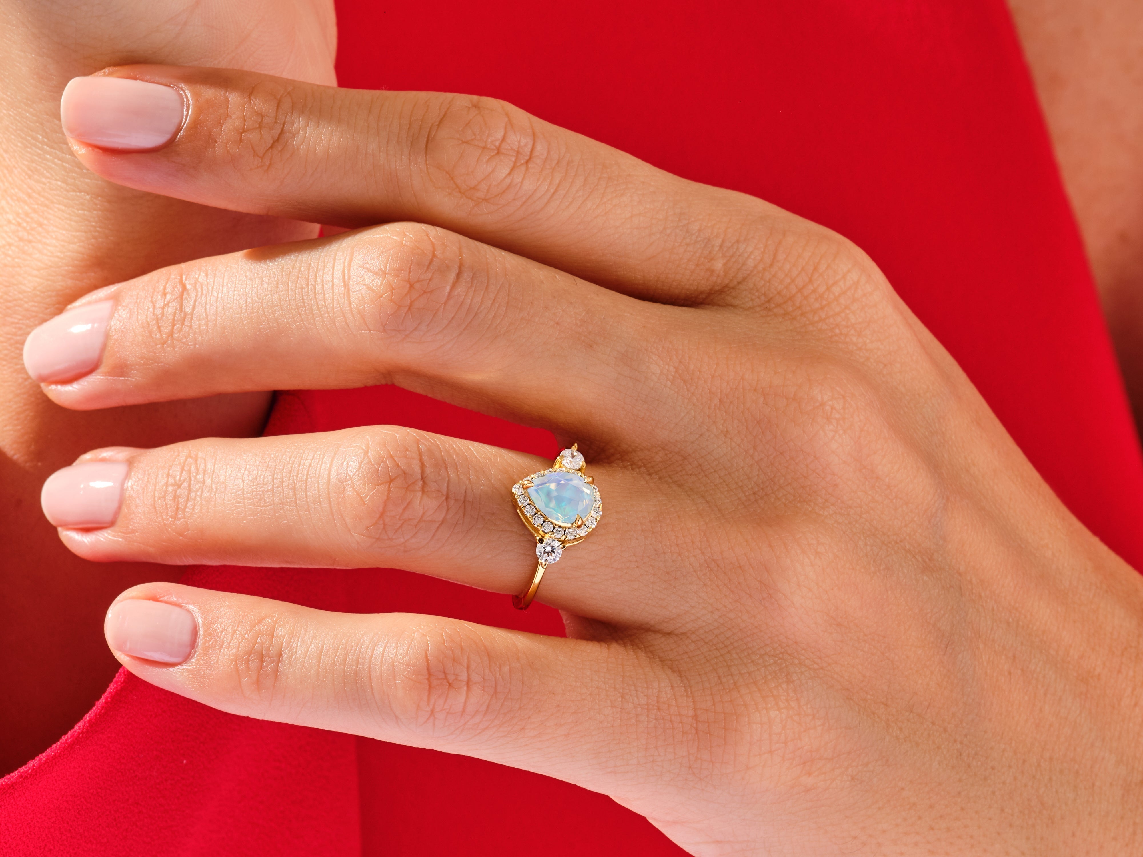 Pear Halo Opal Engagement Ring with Moissanite Sidestones