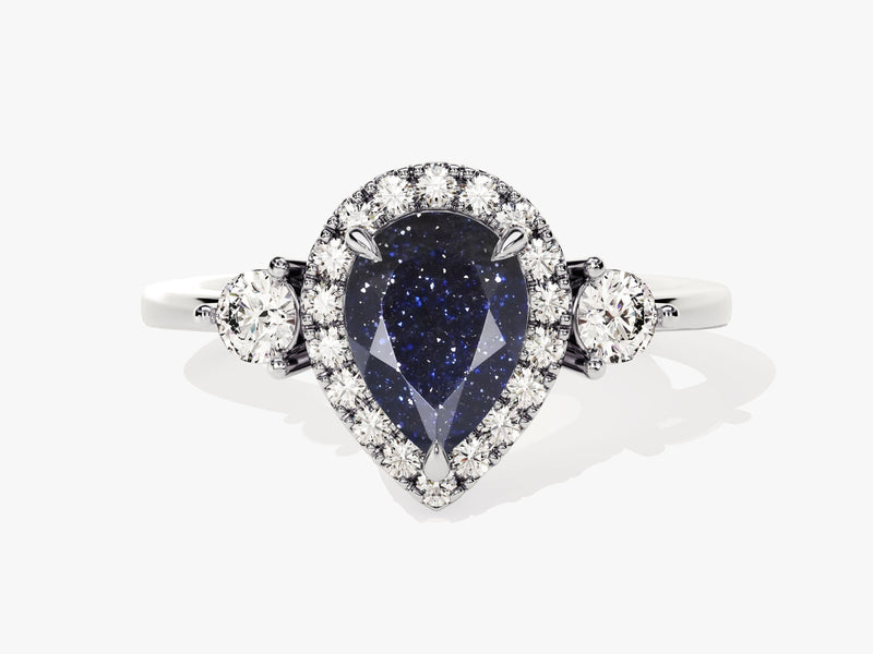 Pear Halo Blue Sandstone Engagement Ring with Moissanite Sidestones