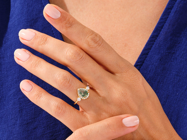Pear Halo Moss Agate Engagement Ring with Moissanite Sidestones