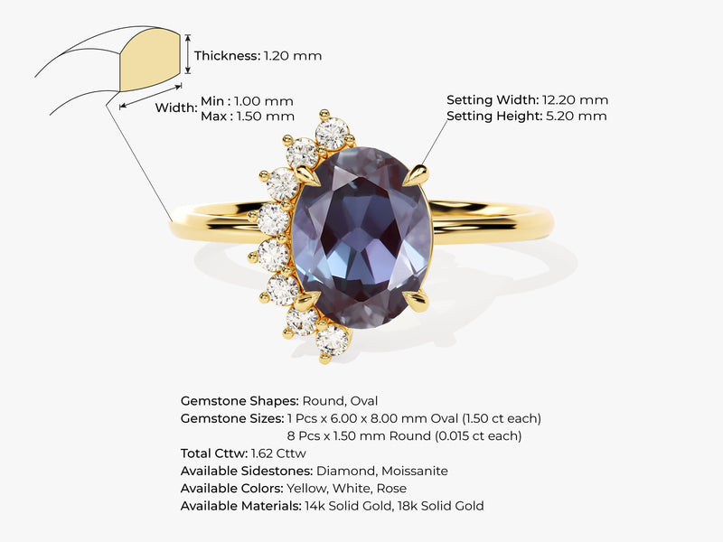 Oval Lab Alexandrite Engagement Ring with Round Moissanite Sidestones