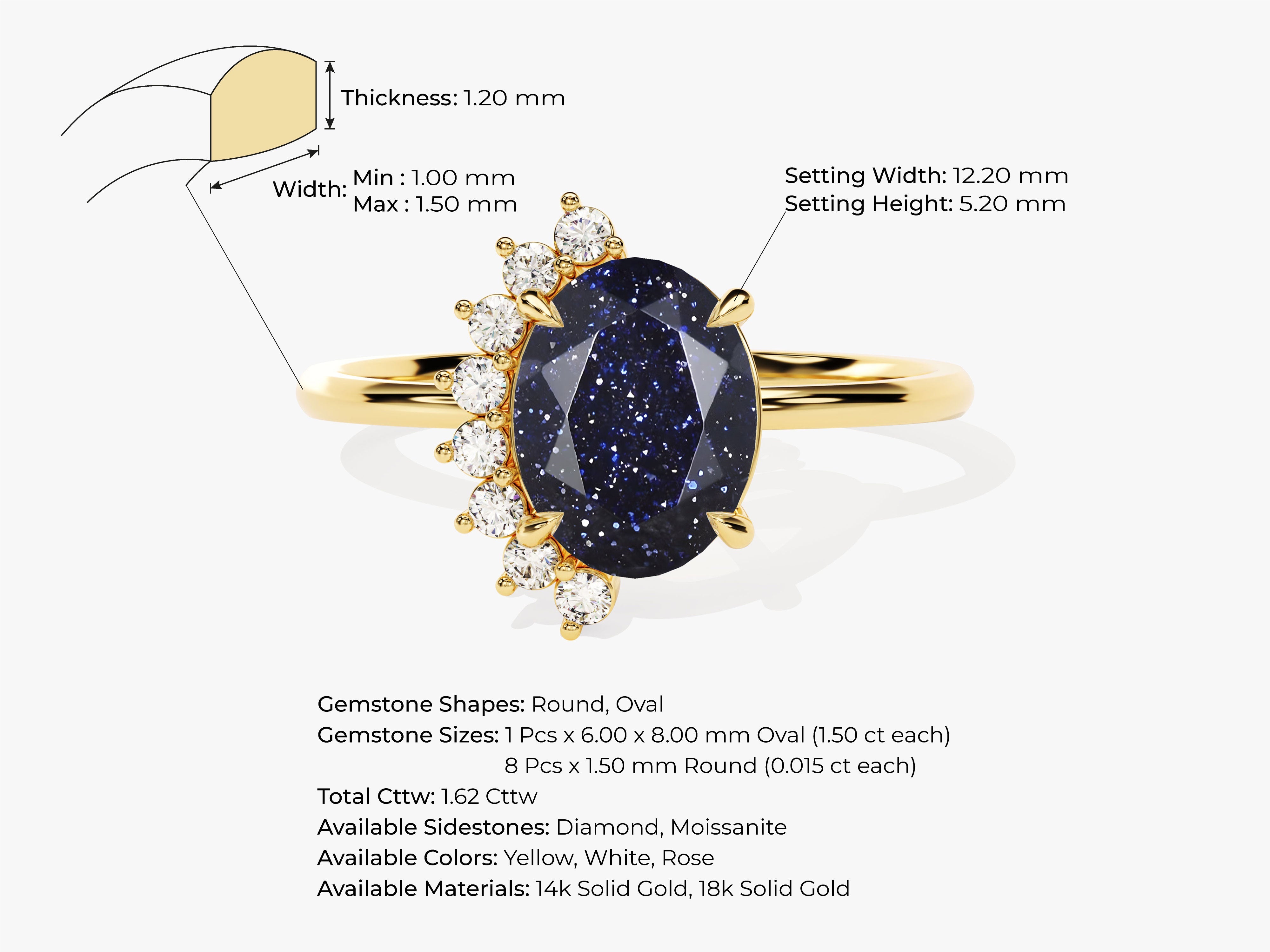 Oval Blue Sandstone Engagement Ring with Round Moissanite Sidestones