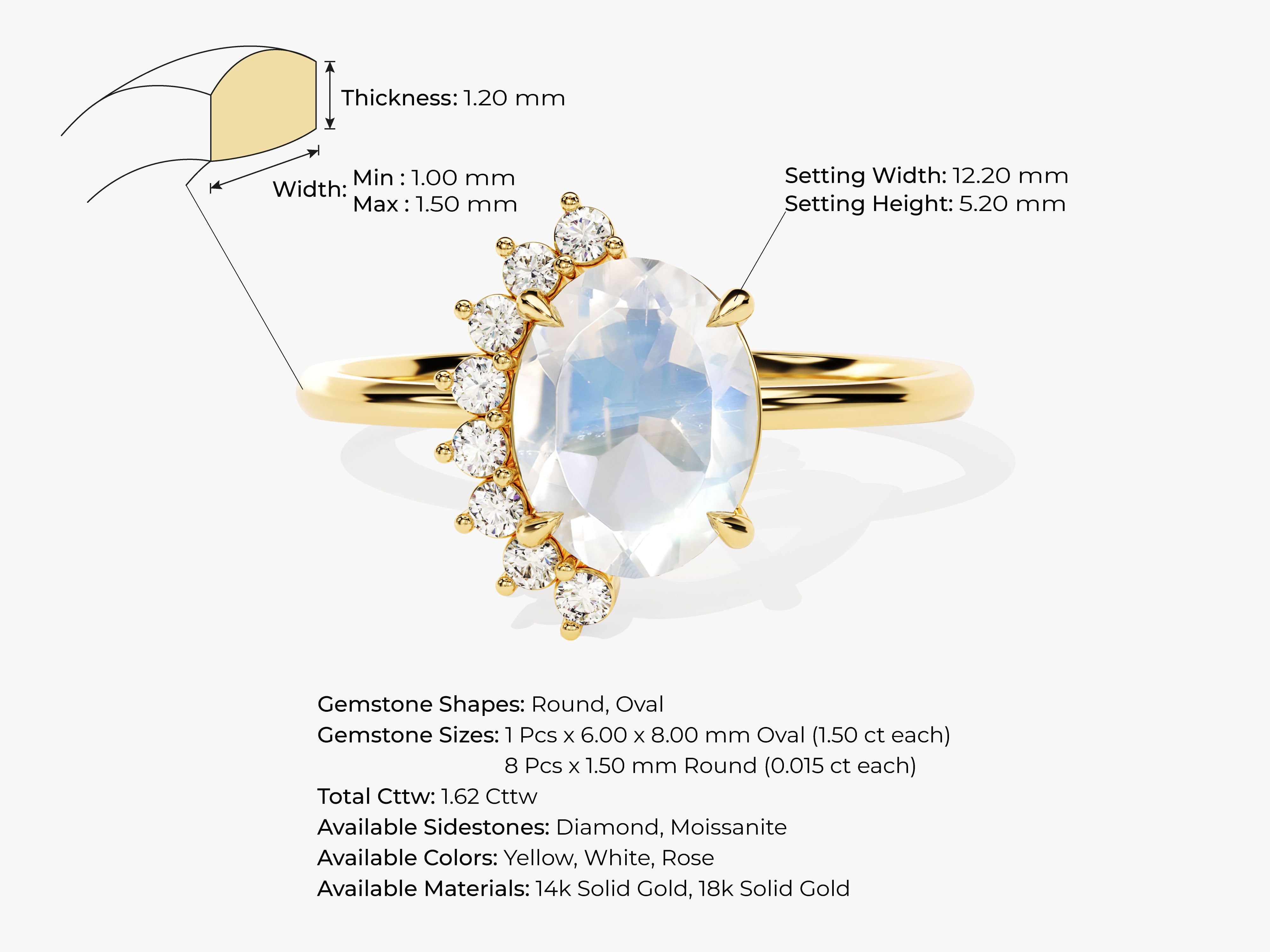 Oval Moonstone Engagement Ring with Round Moissanite Sidestones