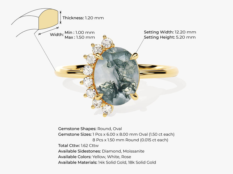 Oval Moss Agate Engagement Ring with Round Moissanite Sidestones