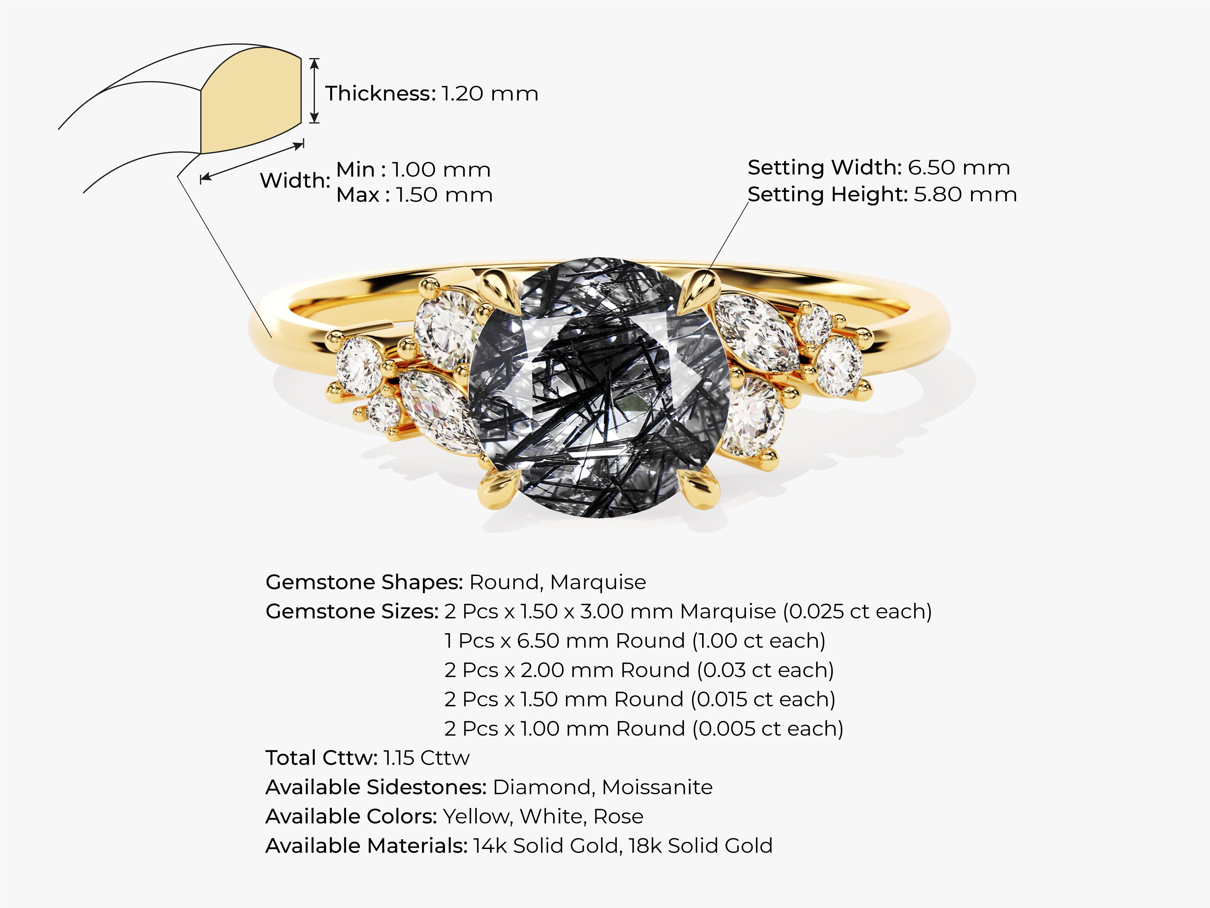 Round Black Rutilated Quartz Engagement Ring with Moissanite Cluster