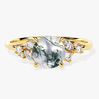 Round Moss Agate Engagement Ring with Moissanite Cluster