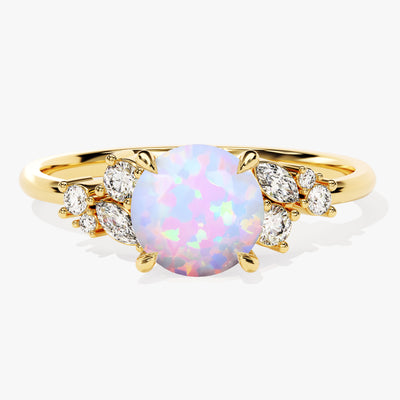 Round Opal Engagement Ring with Moissanite Cluster