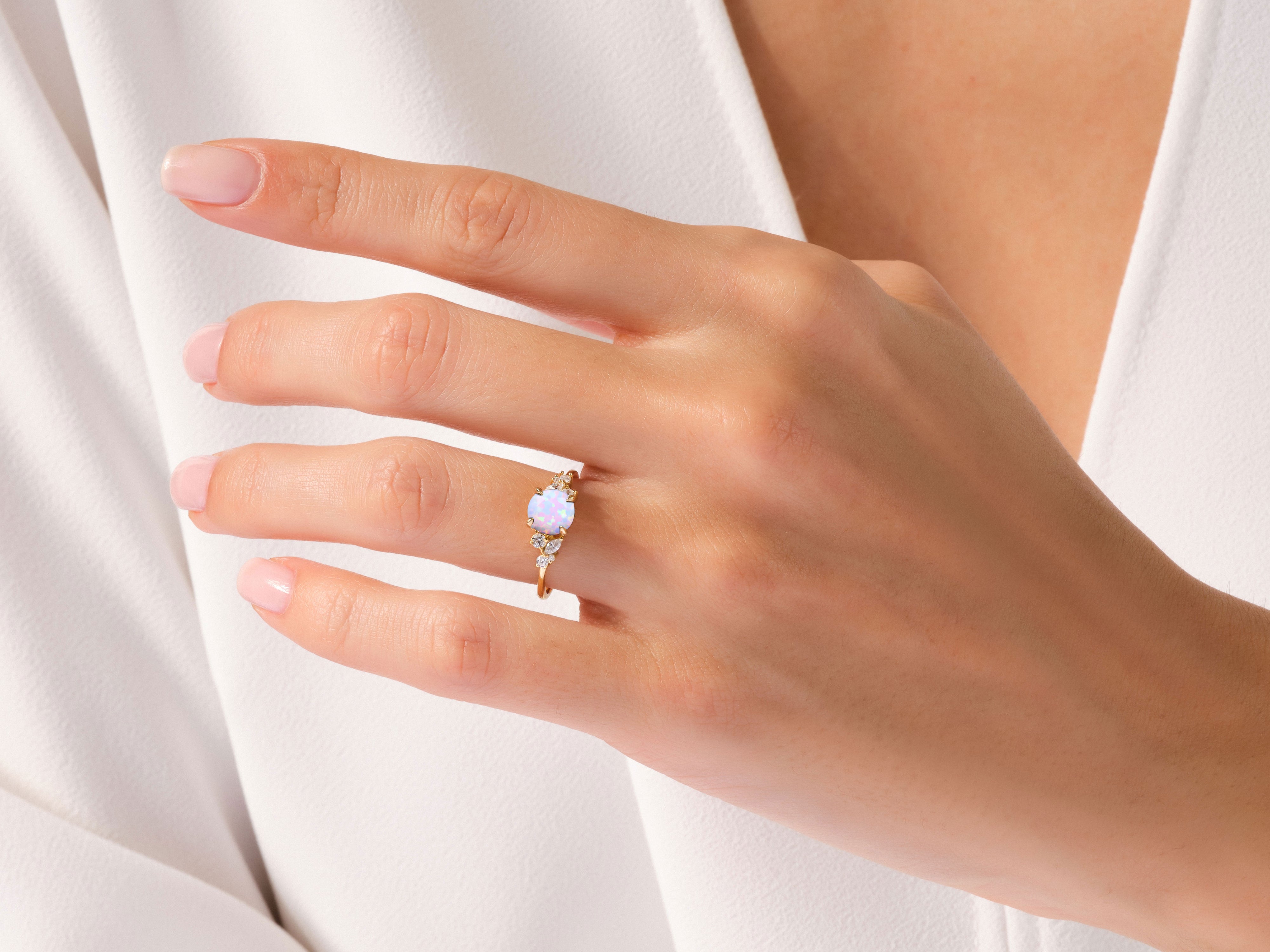 Round Opal Engagement Ring with Moissanite Cluster