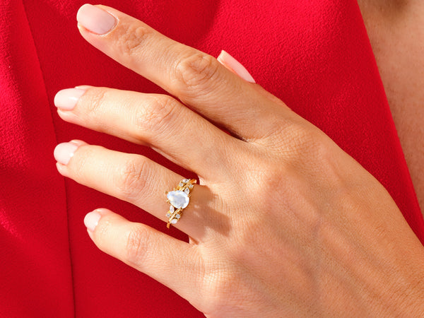 Pear Moonstone Engagement Ring with Moissanite Cluster