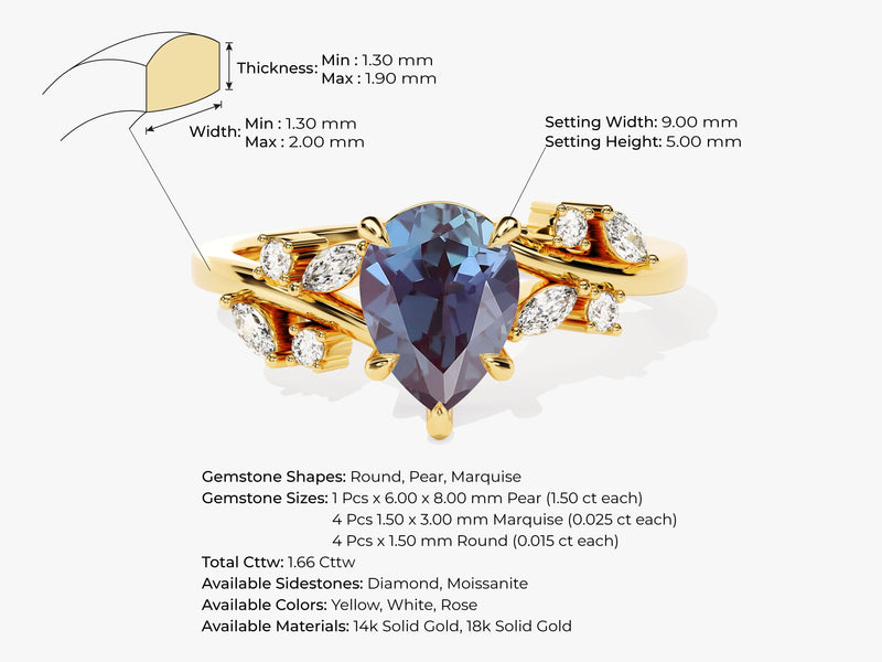 Pear Lab Alexandrite Engagement Ring with Moissanite Cluster