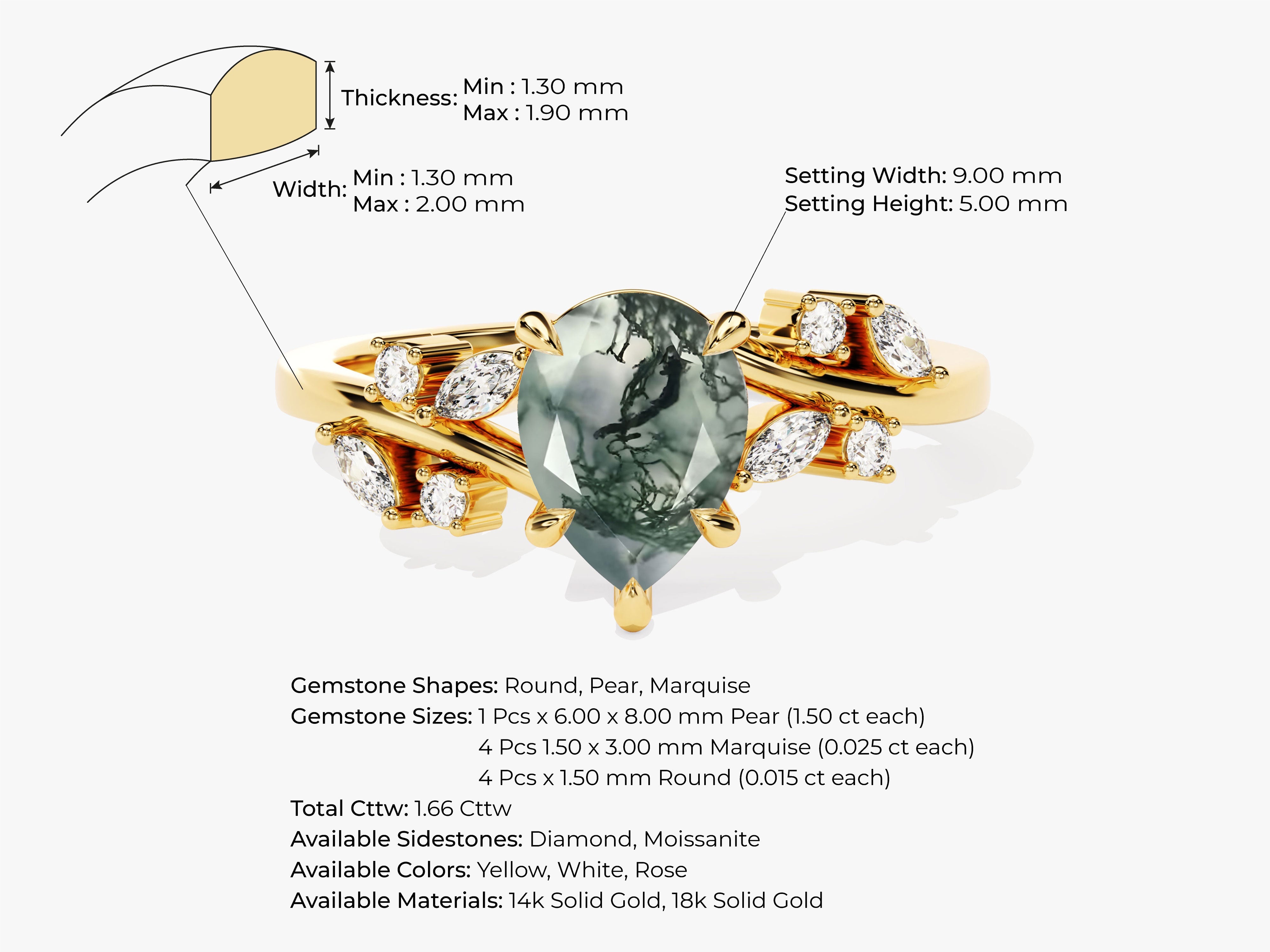 Pear Moss Agate Engagement Ring with Moissanite Cluster