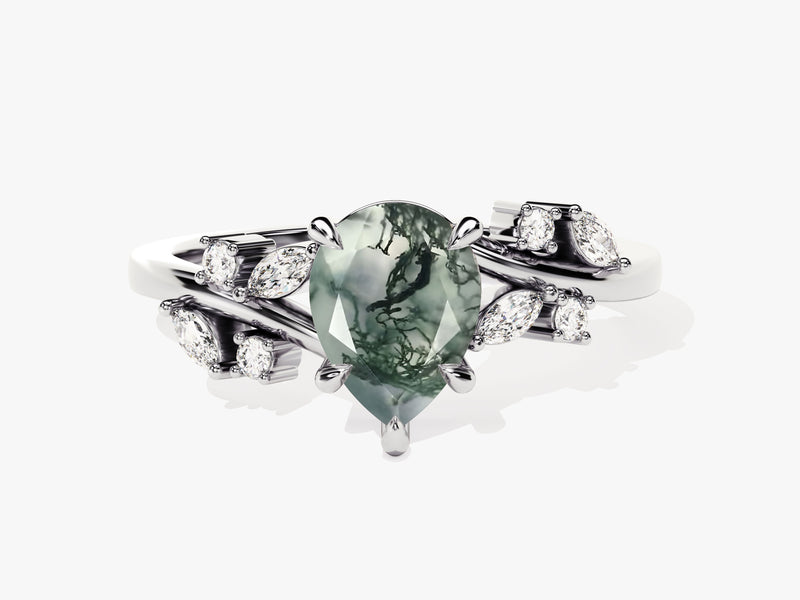 Pear Moss Agate Engagement Ring with Moissanite Cluster