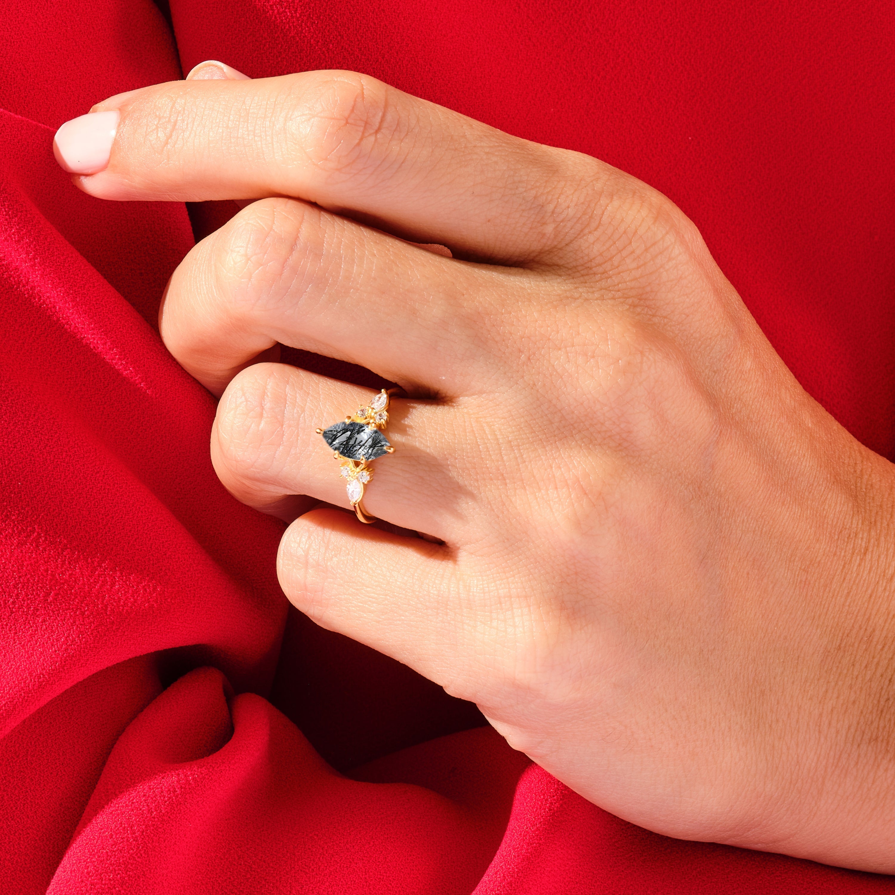 Marquise Black Rutilated Quartz Engagement Ring with Moissanite Cluster