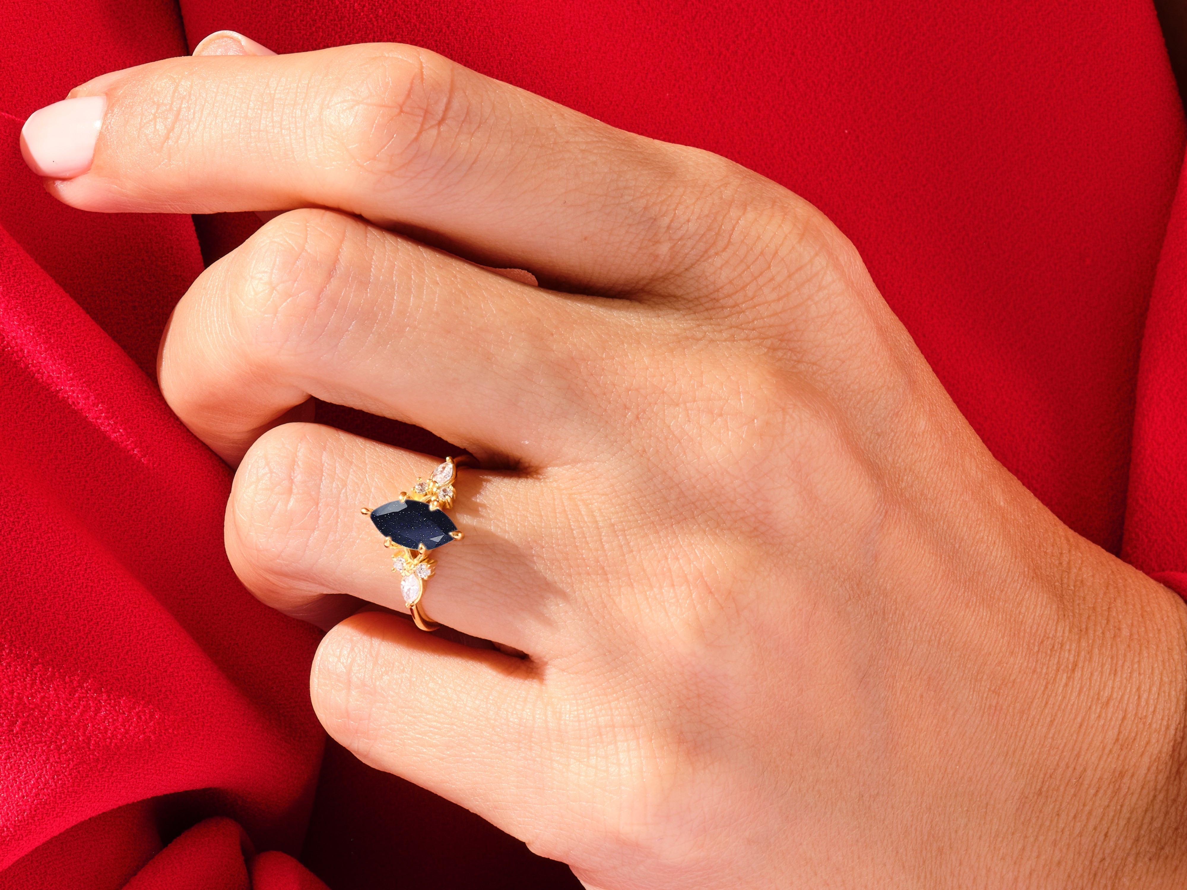 Marquise Blue Sandstone Engagement Ring with Moissanite Cluster