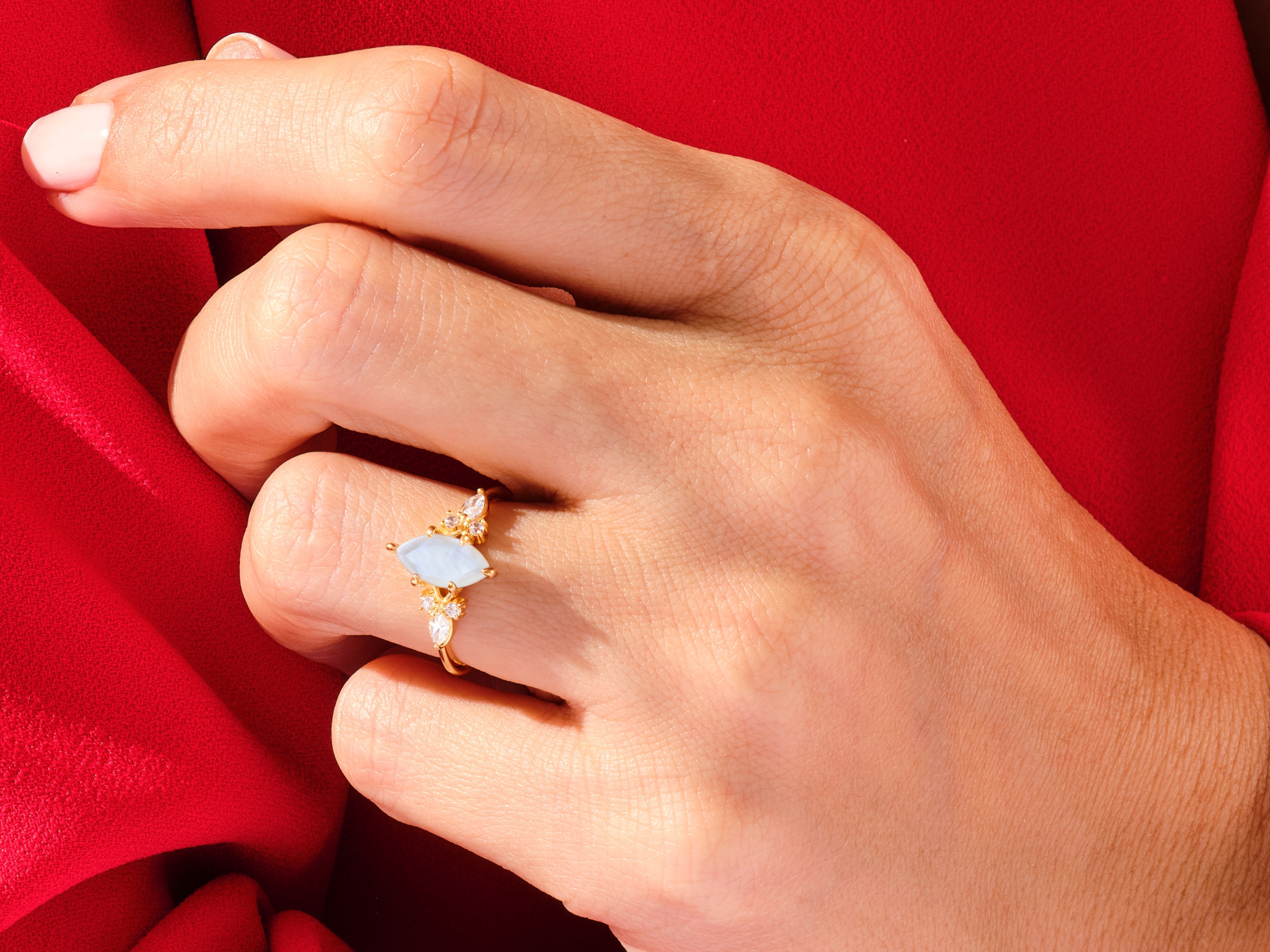 Marquise Moonstone Engagement Ring with Moissanite Cluster