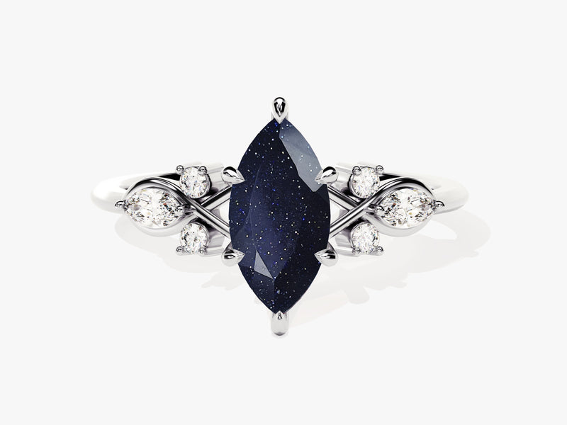 Marquise Blue Sandstone Engagement Ring with Moissanite Cluster