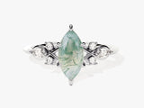 Marquise Moss Agate Engagement Ring with Moissanite Cluster