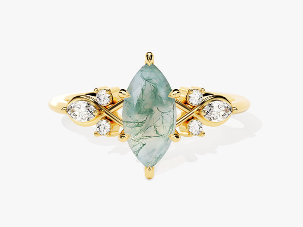 Marquise Moss Agate Engagement Ring with Moissanite Cluster