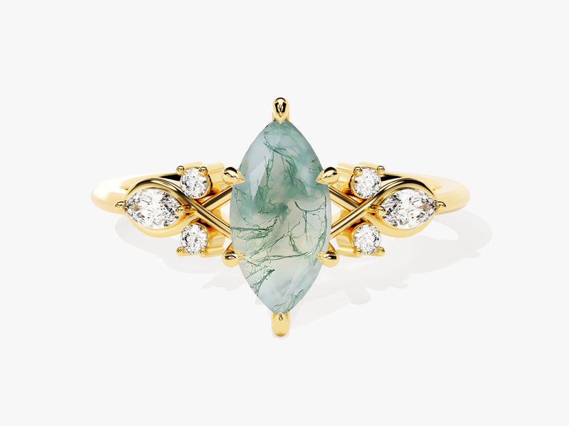 Marquise Moss Agate Engagement Ring with Moissanite Cluster