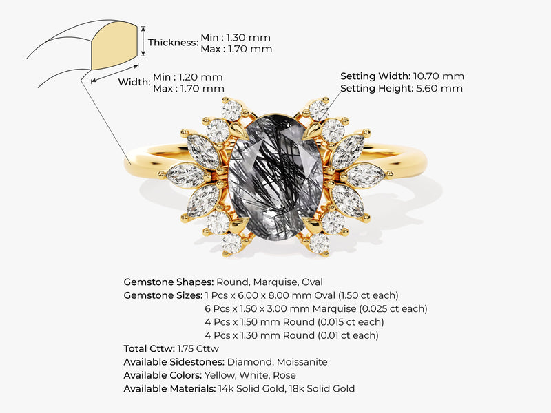 Oval Black Rutilated Quartz Engagement Ring with Moissanite Cluster