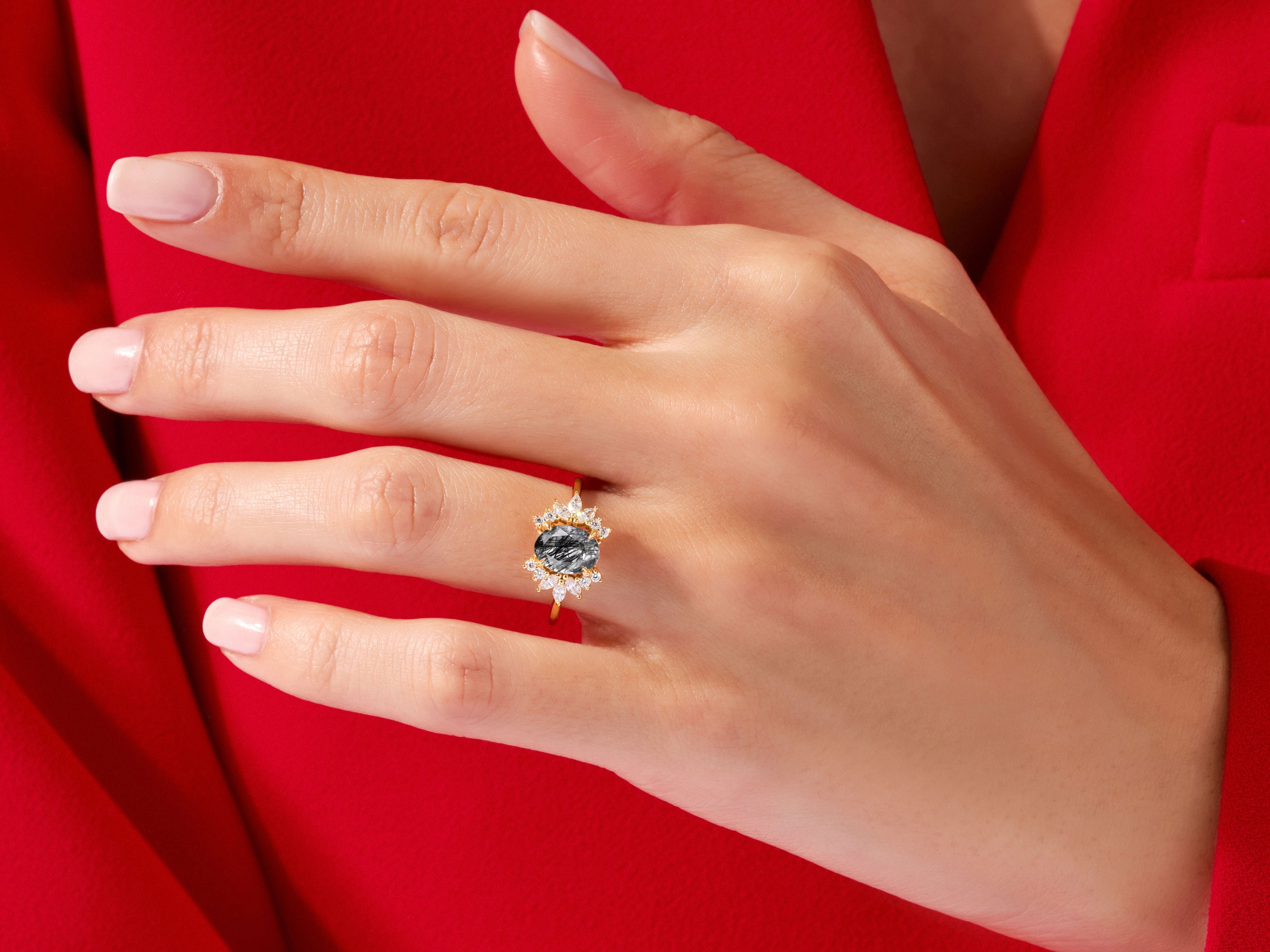 Oval Black Rutilated Quartz Engagement Ring with Moissanite Cluster