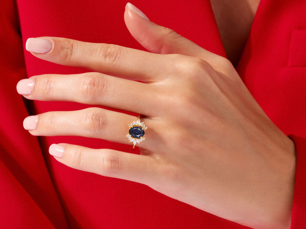Oval Blue Sandstone Engagement Ring with Moissanite Cluster